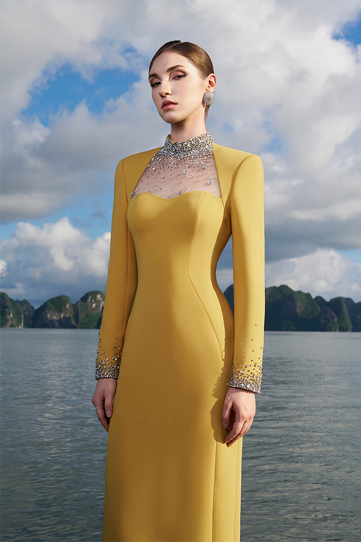 Crepe Dress with Crystals and Mesh