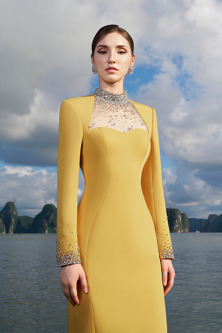 Crepe Dress with Crystals and Mesh