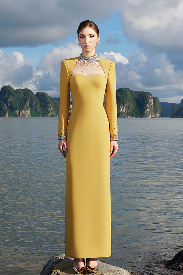 Crepe Dress with Crystals and Mesh