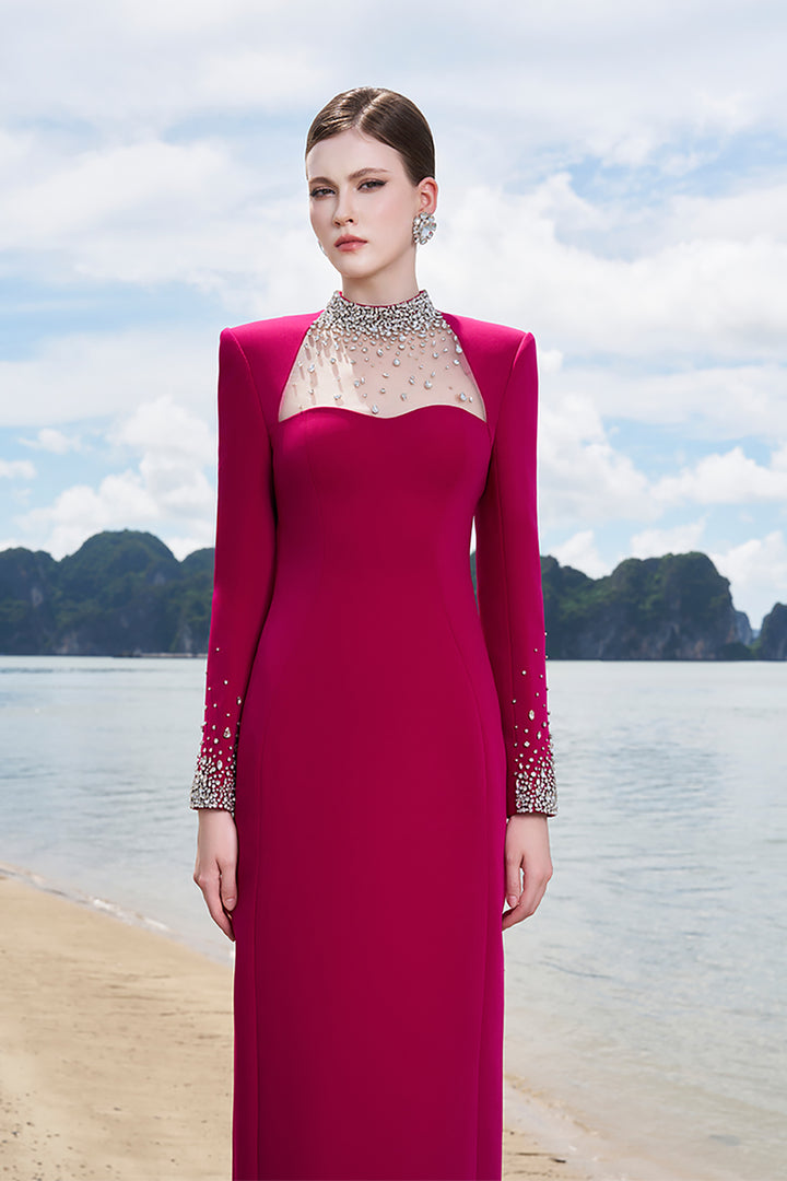 Crepe Dress with Crystals and Mesh