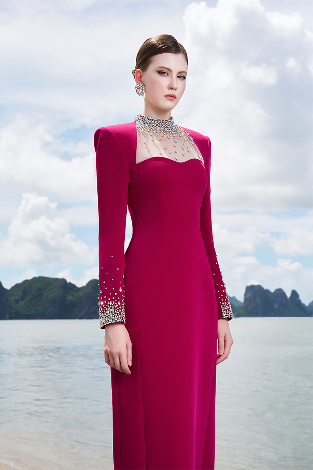 Crepe Dress with Crystals and Mesh
