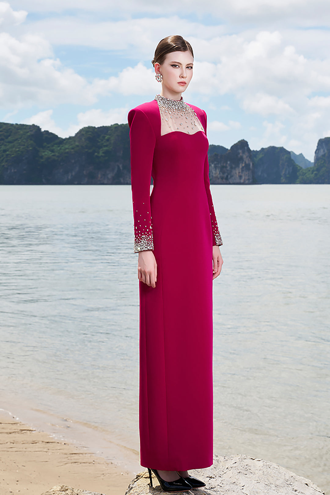 Crepe Dress with Crystals and Mesh