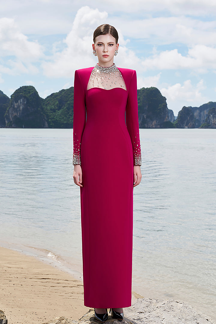 Crepe Dress with Crystals and Mesh