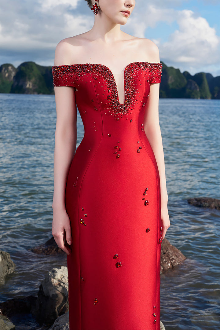Taffeta Off-Shoulder Dress with Crystal Embellishments