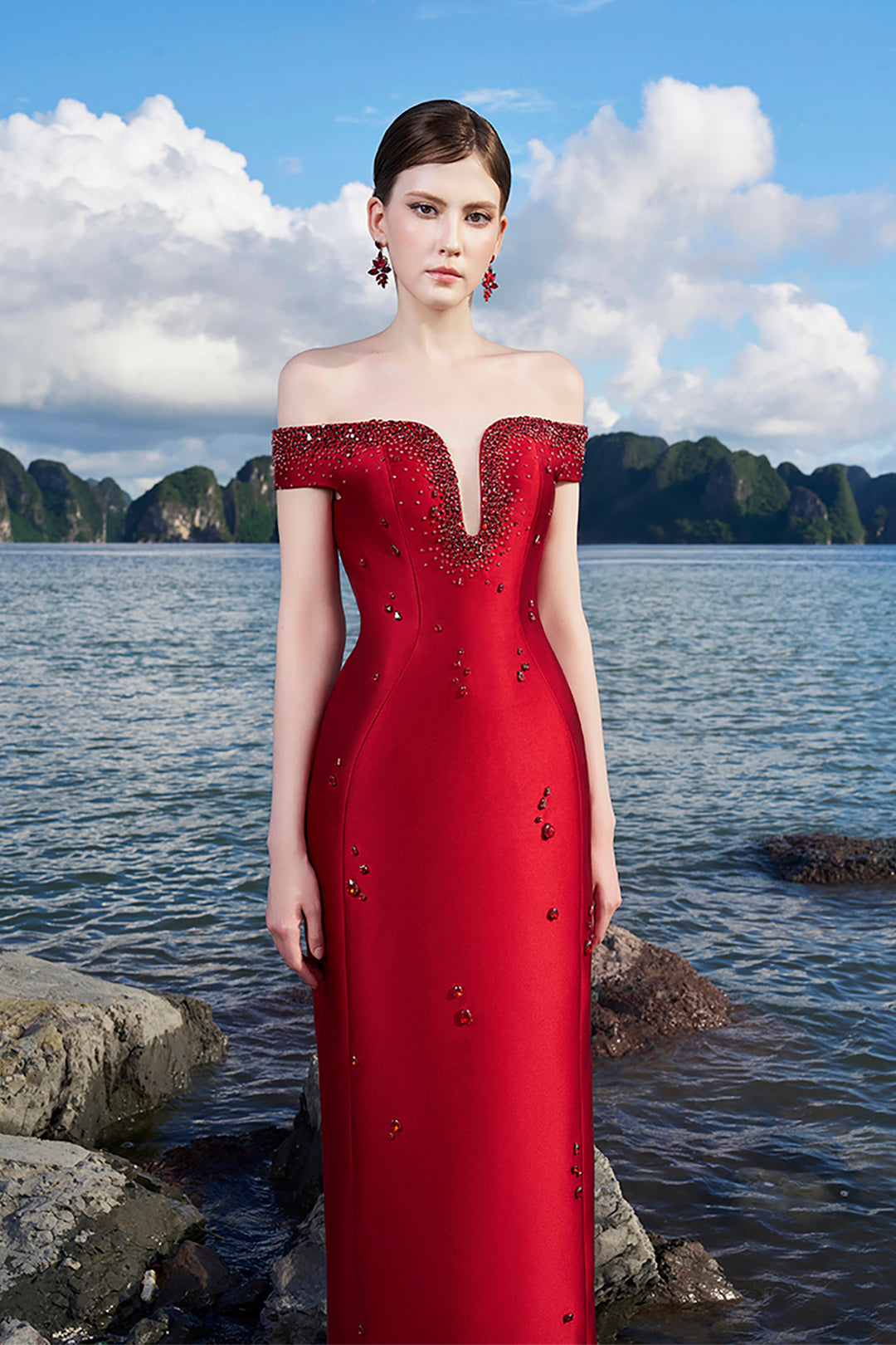 Taffeta Off-Shoulder Dress with Crystal Embellishments