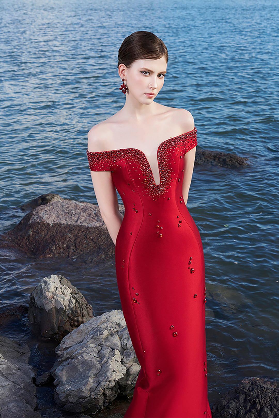 Taffeta Off-Shoulder Dress with Crystal Embellishments