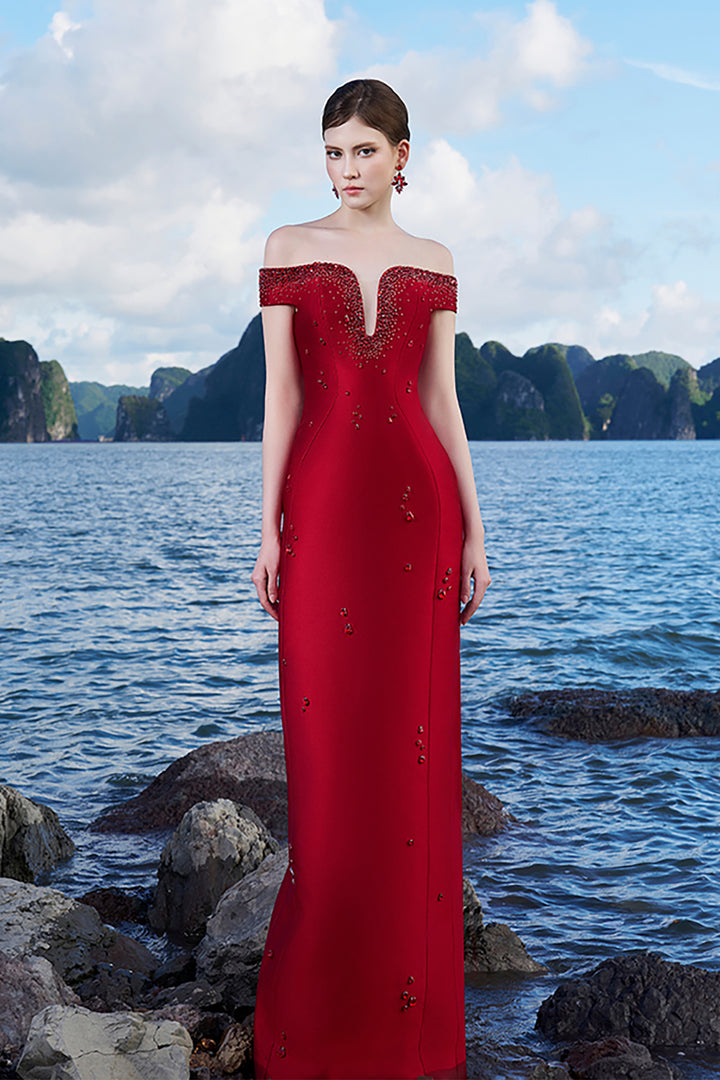 Taffeta Off-Shoulder Dress with Crystal Embellishments