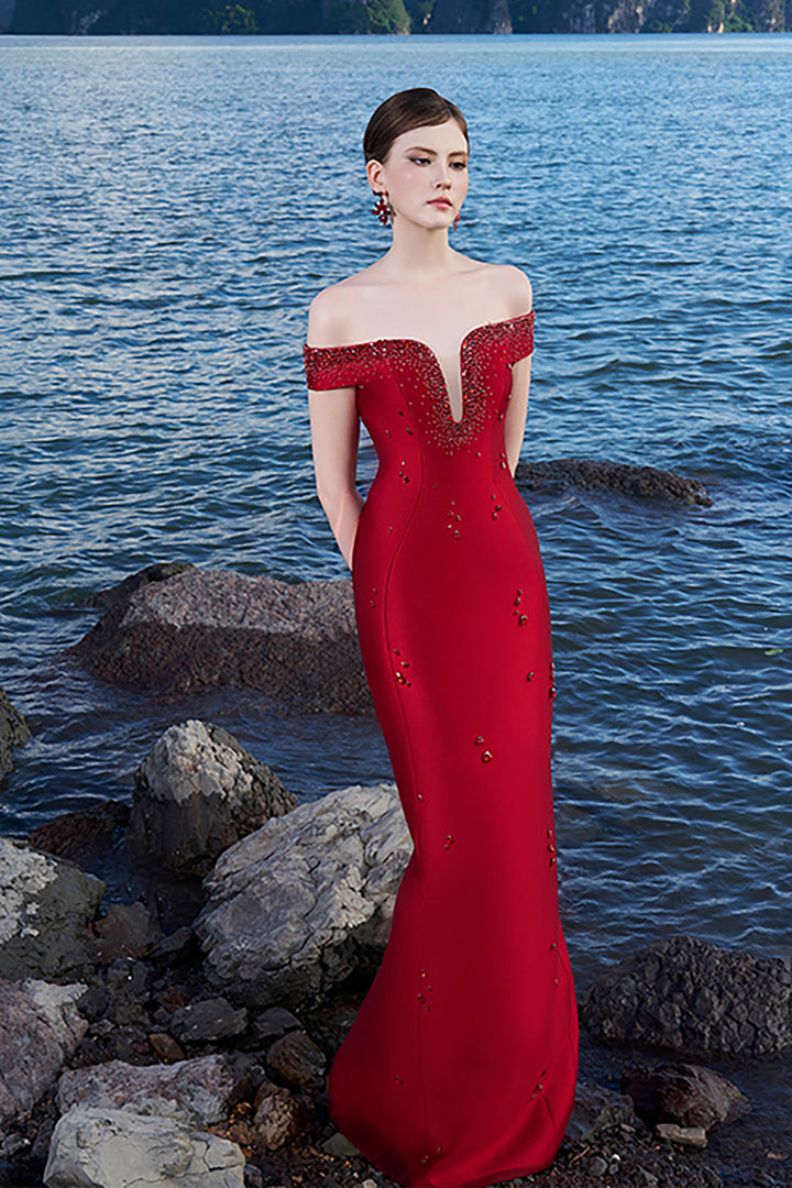 Taffeta Off-Shoulder Dress with Crystal Embellishments
