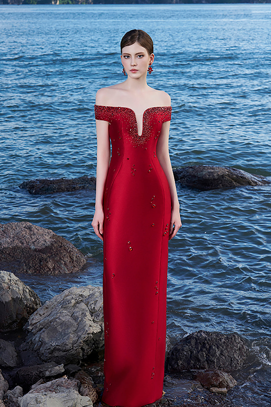 Taffeta Off-Shoulder Dress with Crystal Embellishments