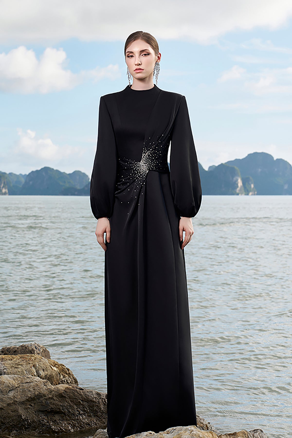 puffy silk dress Pleated Satin Puff-Sleeve Maxi Dress