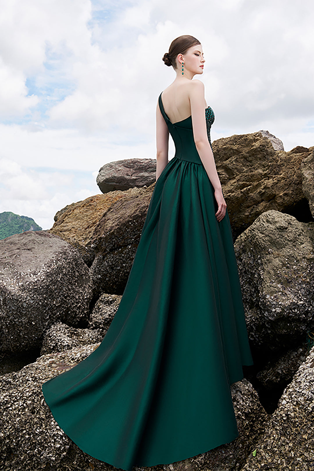 Taffeta One-Shoulder Dress with Crystals