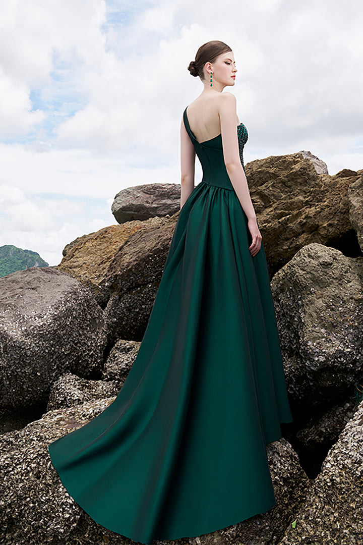 Taffeta One-Shoulder Dress with Crystals