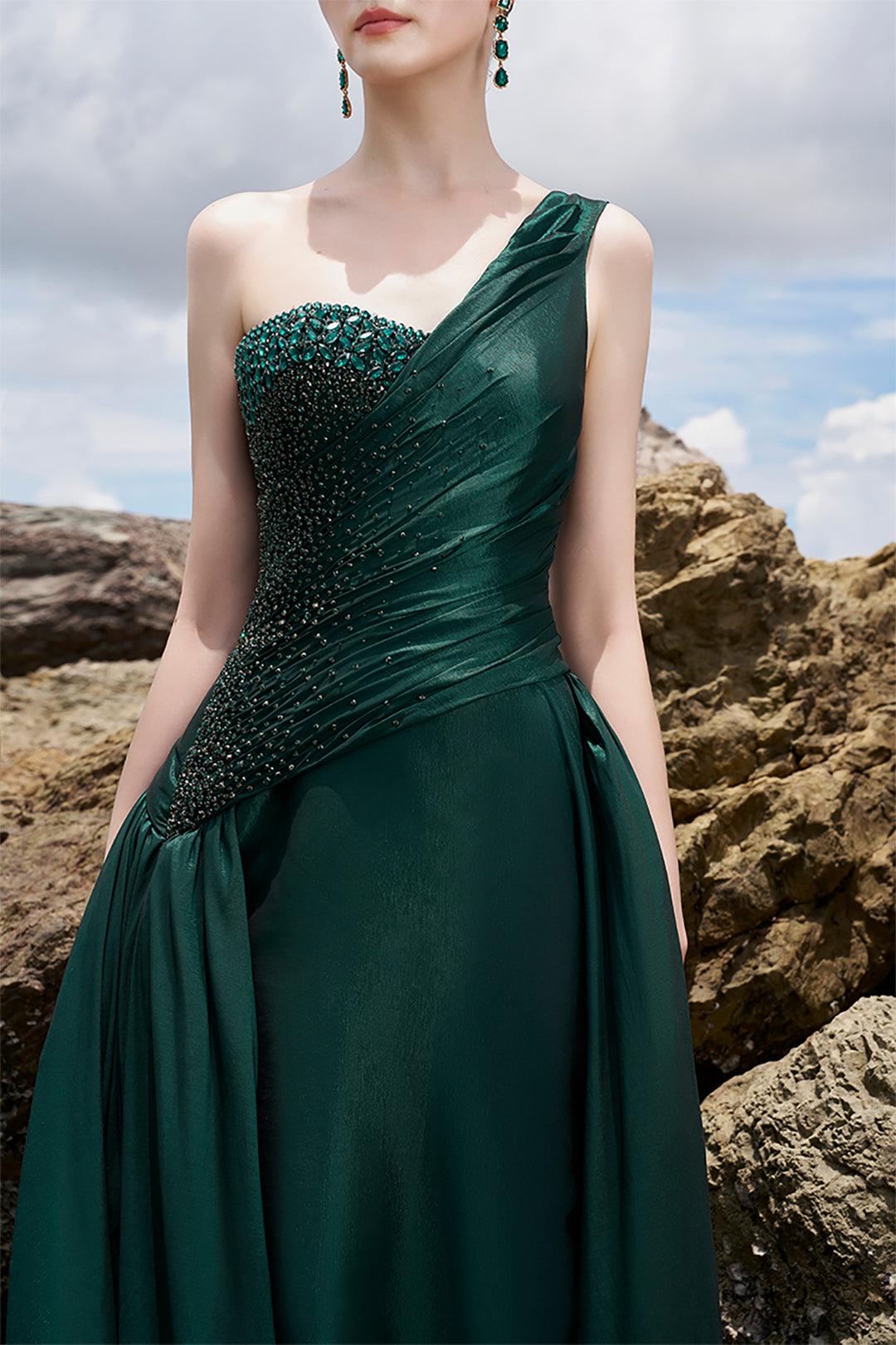 Taffeta One-Shoulder Dress with Crystals