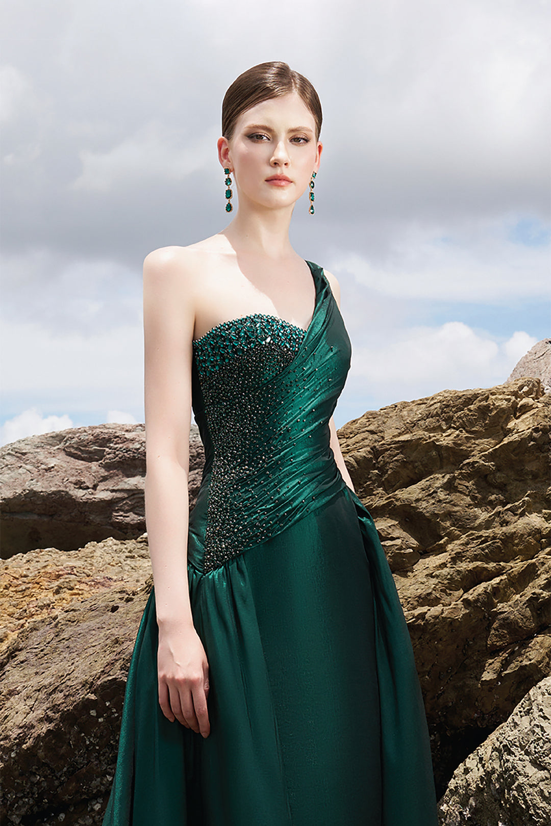 one shoulder taffeta dress Black taffeta evening gown with a high slit and one-shoulder wrap top