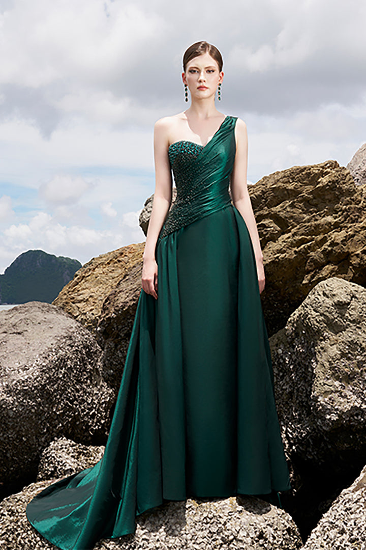 Taffeta One-Shoulder Dress with Crystals