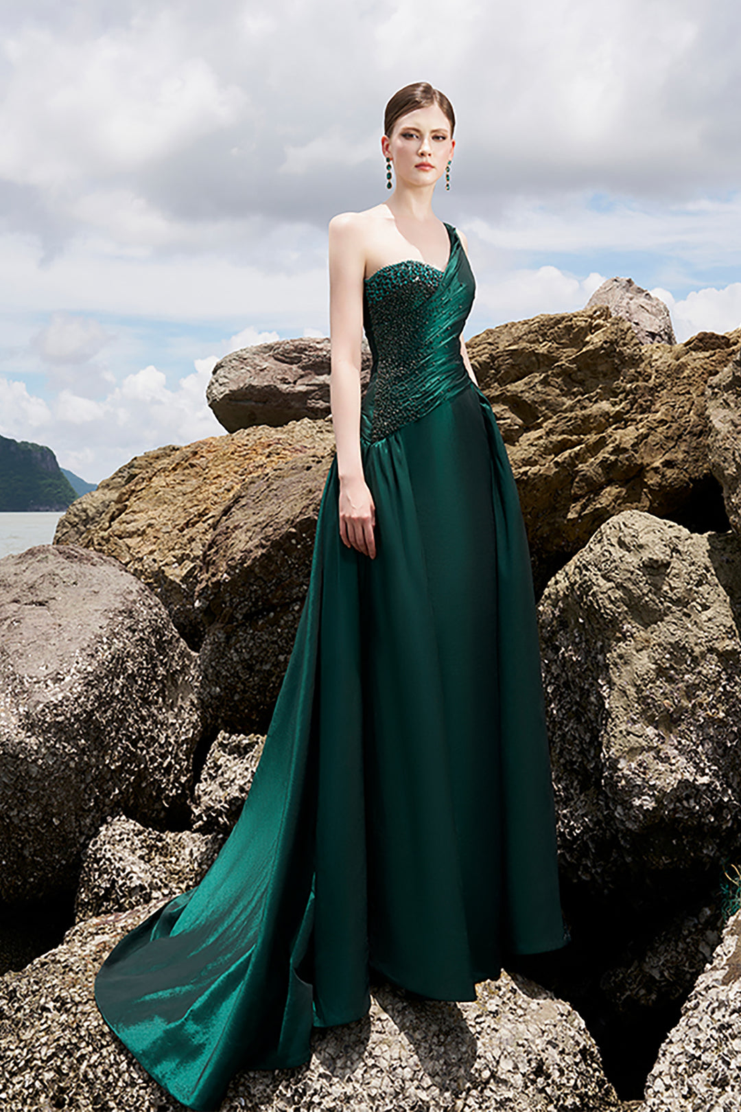 Taffeta One-Shoulder Dress with Crystals