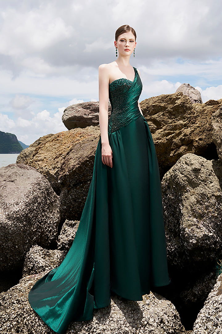 Taffeta One-Shoulder Dress with Crystals