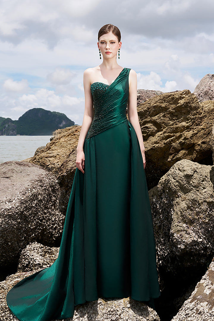 Taffeta One-Shoulder Dress with Crystals