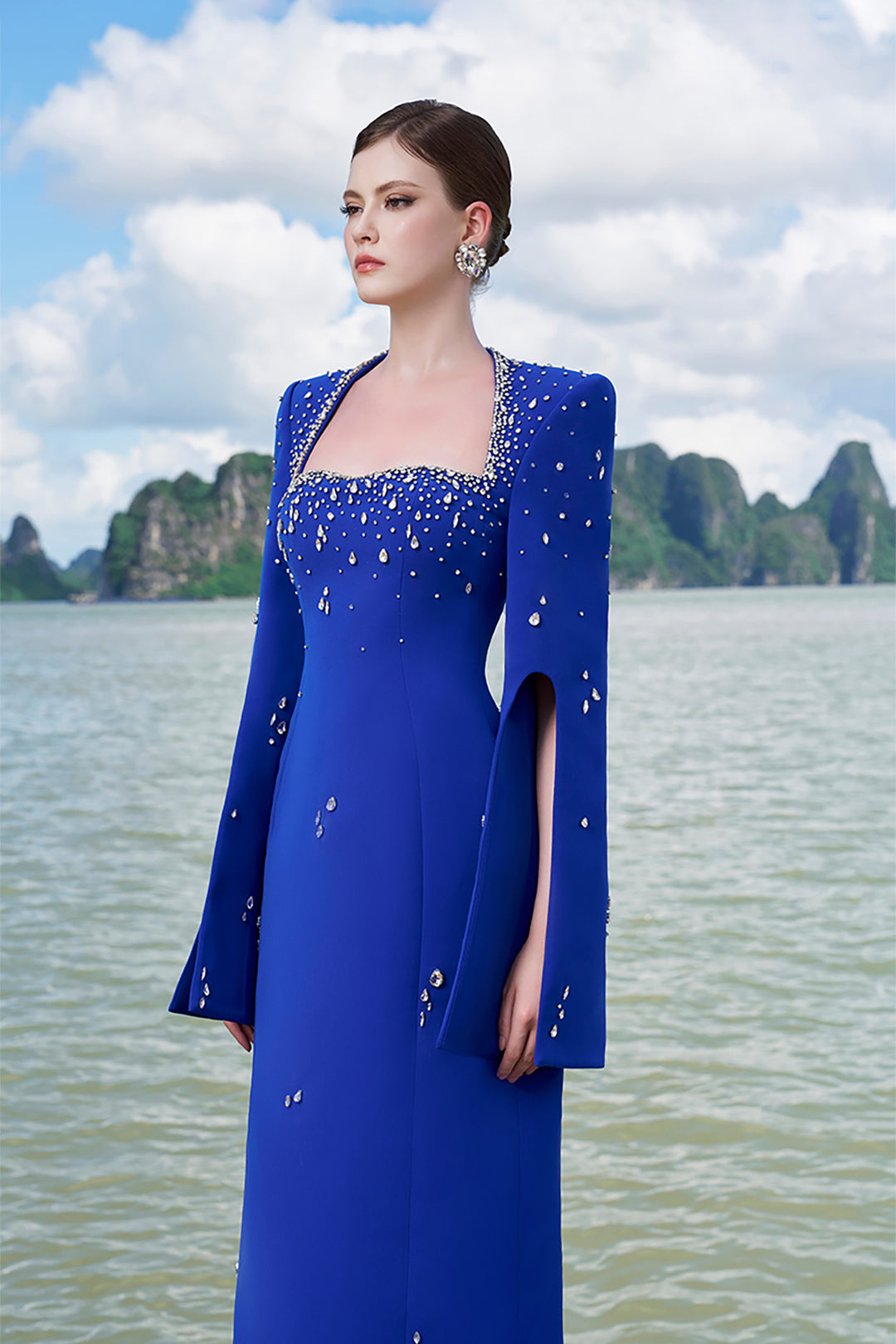 Velvet Satin Dress with Flared Sleeves