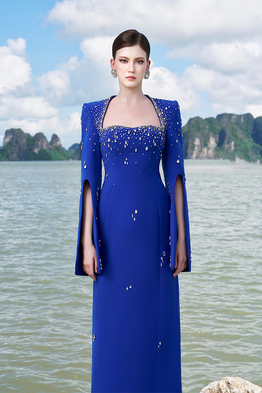 Velvet Satin Dress with Flared Sleeves