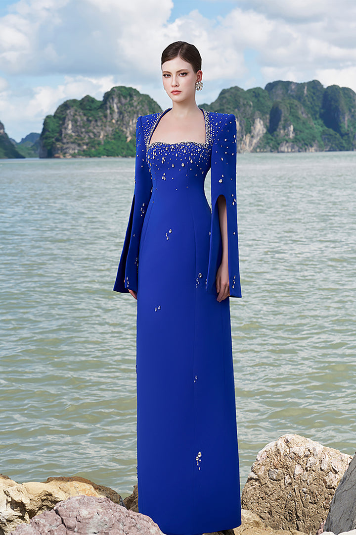 Velvet Satin Dress with Flared Sleeves