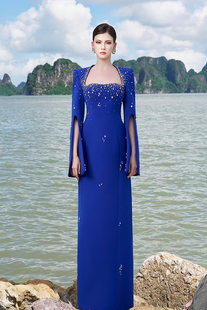 Velvet Satin Dress with Flared Sleeves