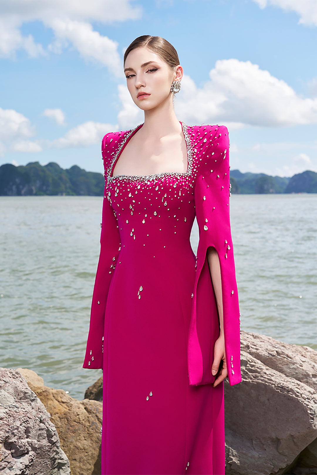 Velvet Satin Dress with Flared Sleeves