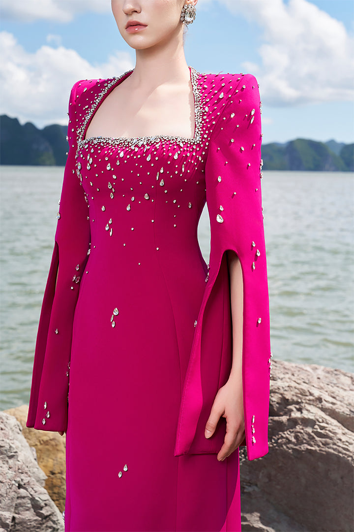 Velvet Satin Dress with Flared Sleeves