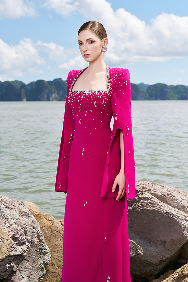 Velvet Satin Dress with Flared Sleeves