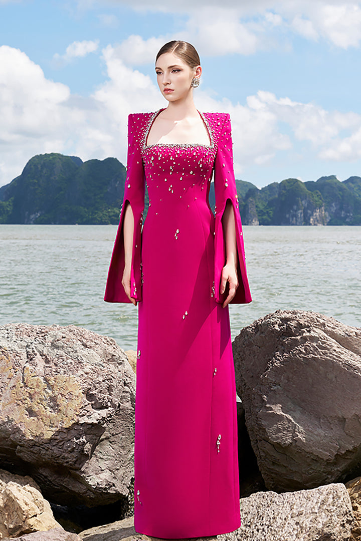 Velvet Satin Dress with Flared Sleeves