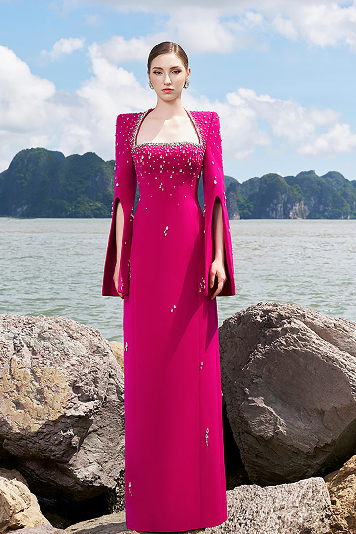 Velvet Satin Dress with Flared Sleeves