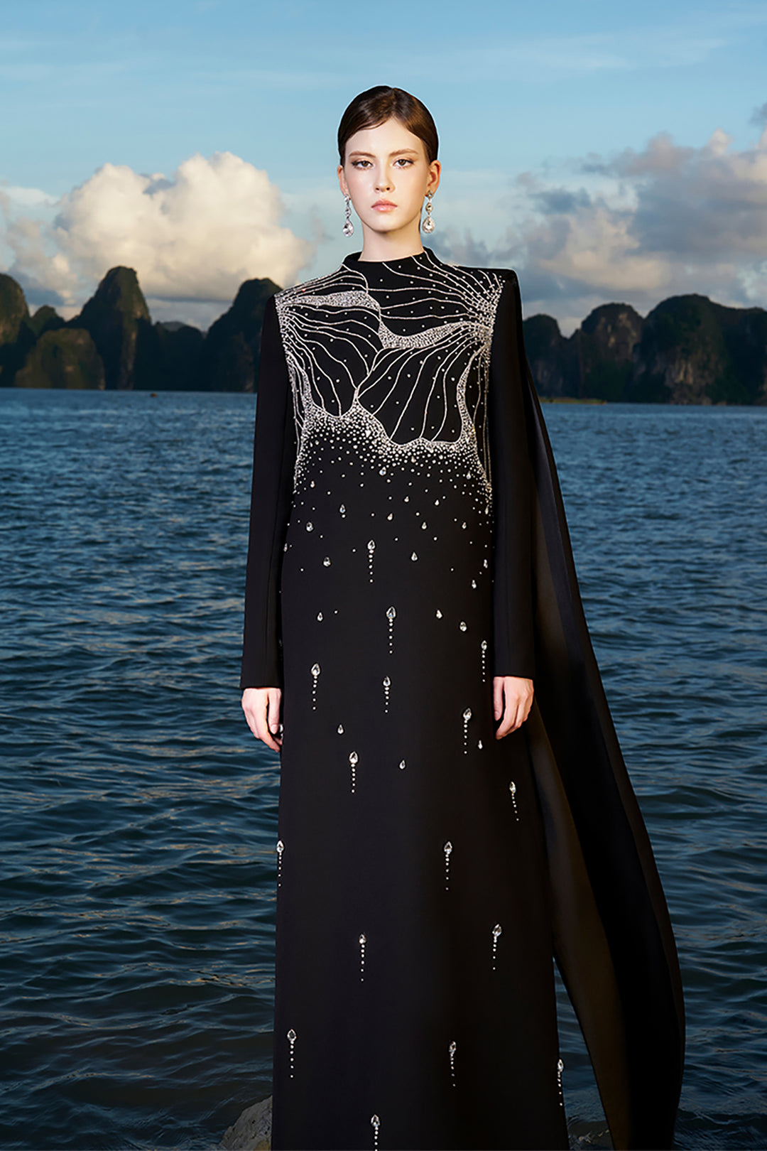 Velvet Satin Dress with Crystals and Back Flaps