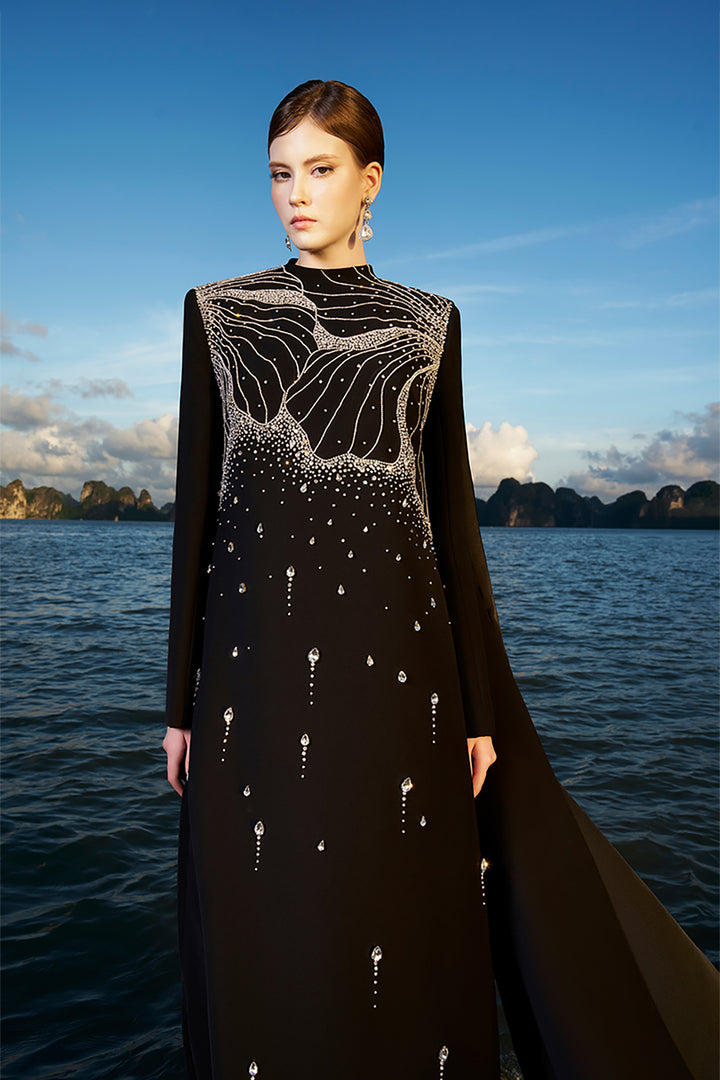 Velvet Satin Dress with Crystals and Back Flaps