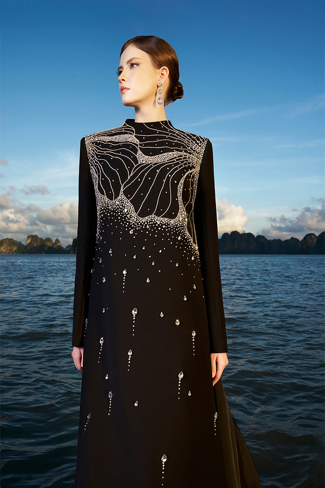 Velvet Satin Dress with Crystals and Back Flaps