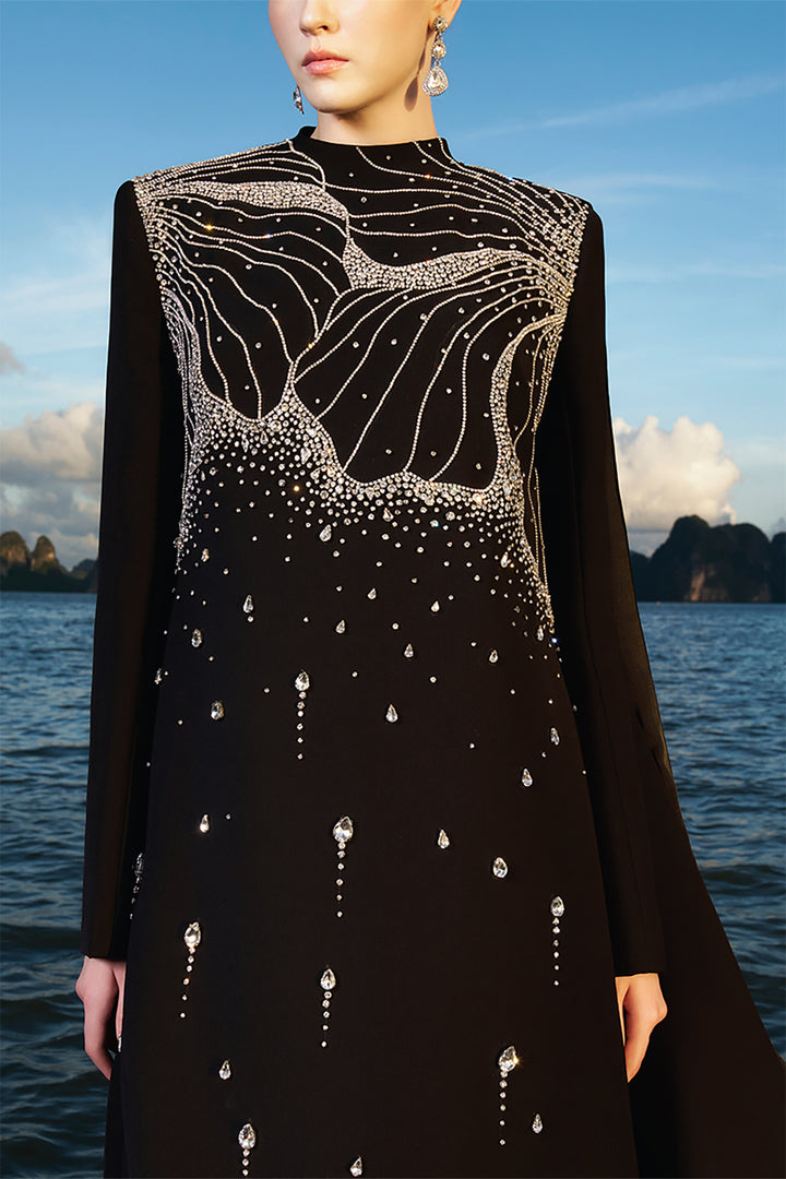 Velvet Satin Dress with Crystals and Back Flaps