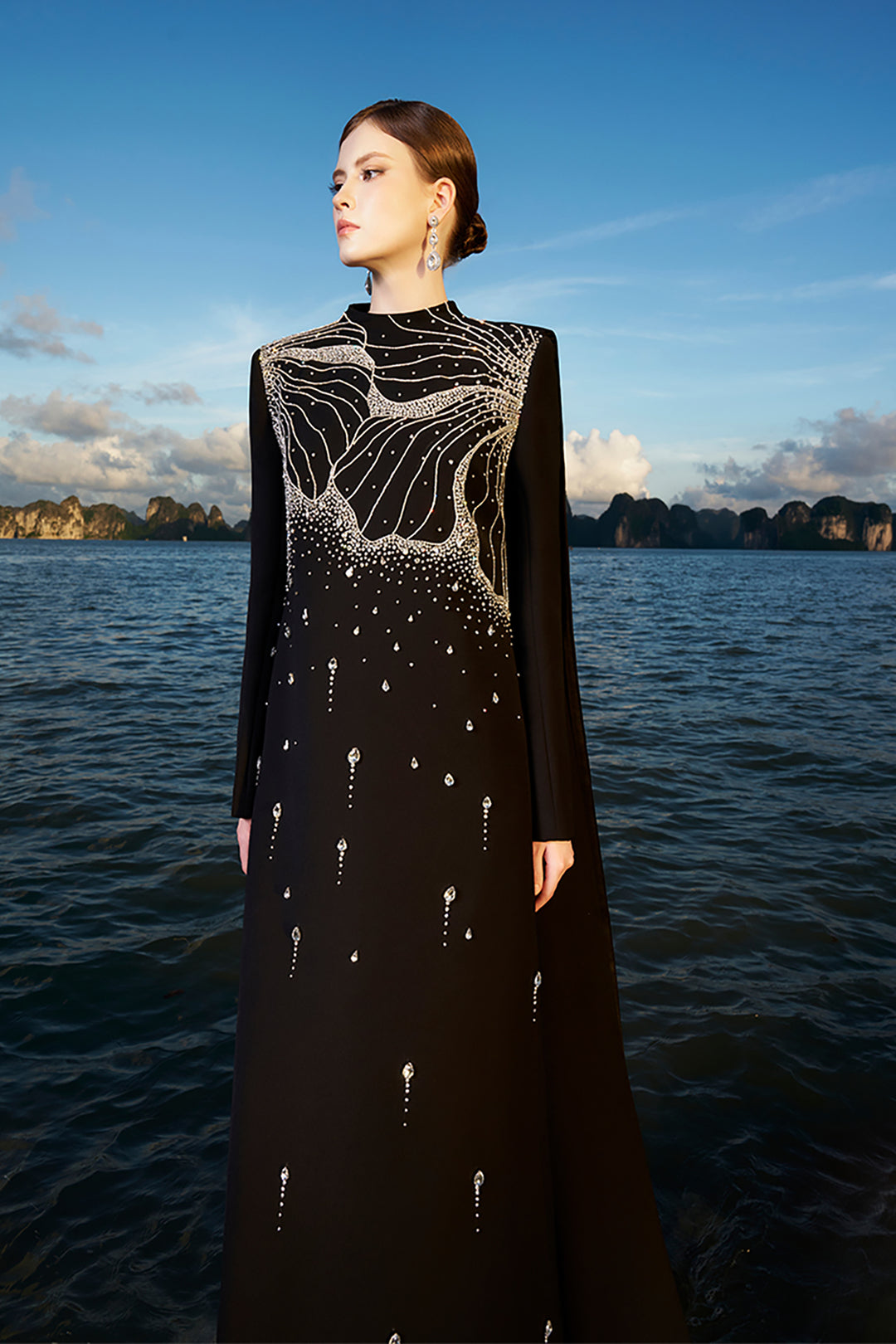 Velvet Satin Dress with Crystals and Back Flaps