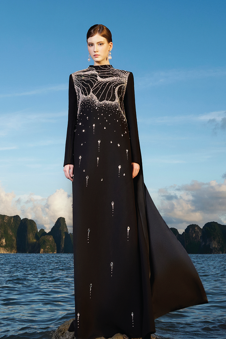 Velvet Satin Dress with Crystals and Back Flaps