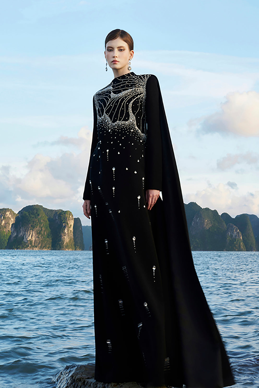 Velvet Satin Dress with Crystals and Back Flaps