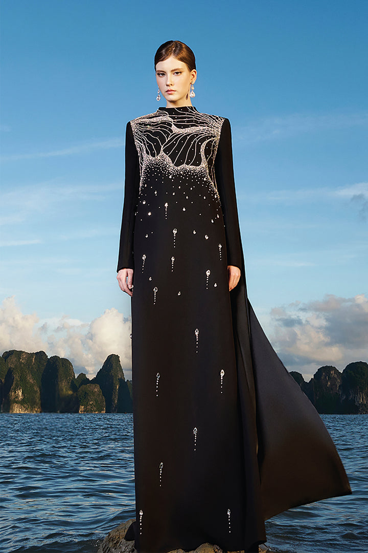 Velvet Satin Dress with Crystals and Back Flaps