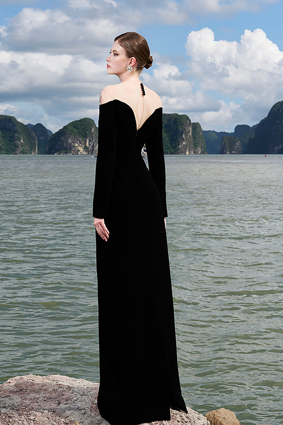 Velvet Dress with Crystal-Embellished Shoulders