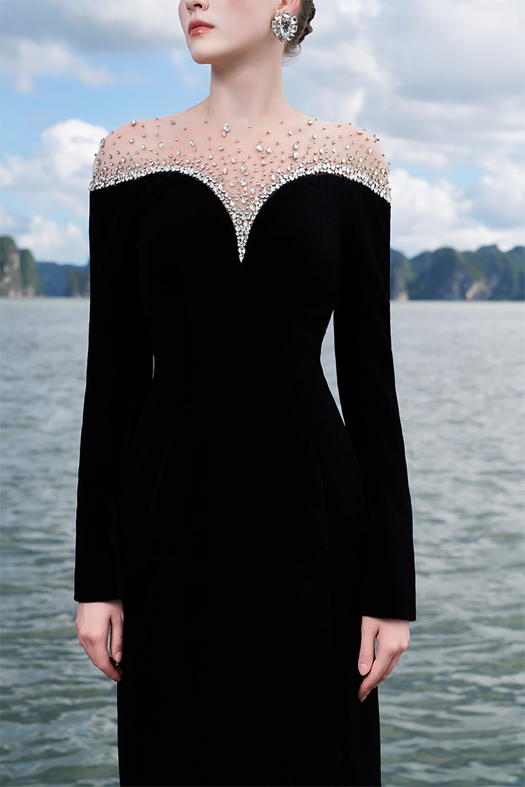 Velvet Dress with Crystal-Embellished Shoulders