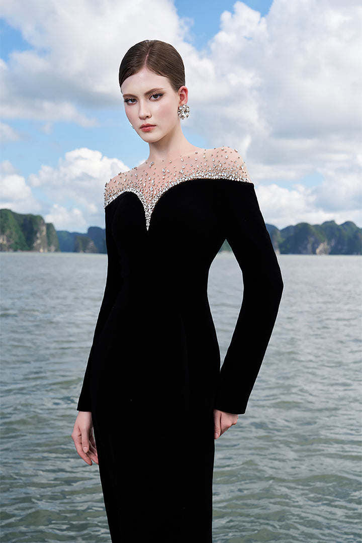 Velvet Dress with Crystal-Embellished Shoulders