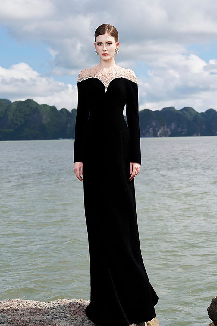 Velvet Dress with Crystal-Embellished Shoulders