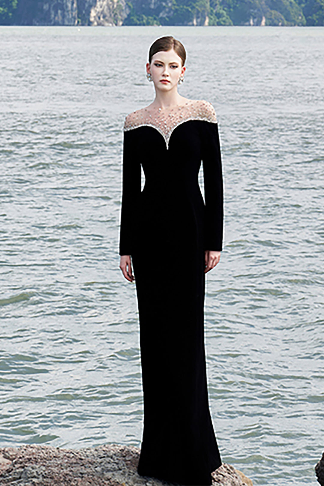 Velvet Dress with Crystal-Embellished Shoulders