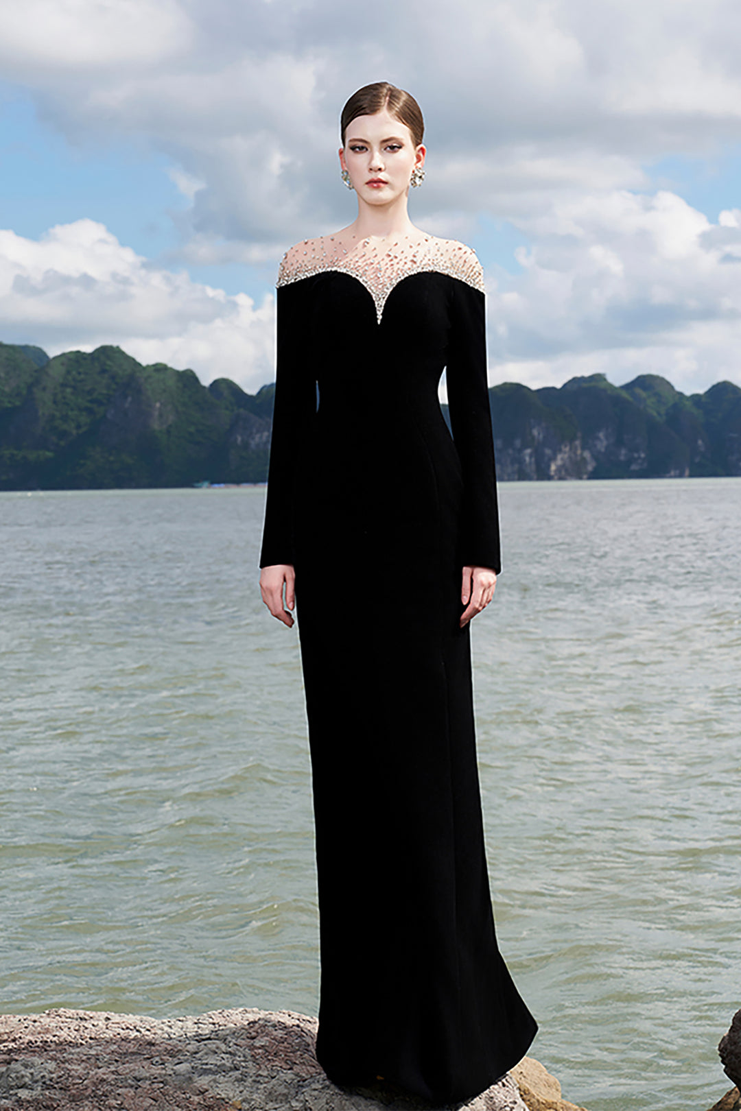 Velvet Dress with Crystal-Embellished Shoulders Black / FR 46