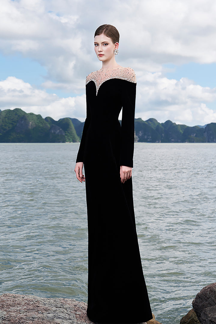 Velvet Dress with Crystal-Embellished Shoulders