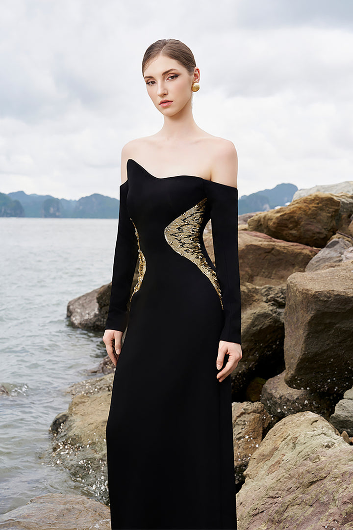 Crepe Off-Shoulder Dress with Crystal Beads