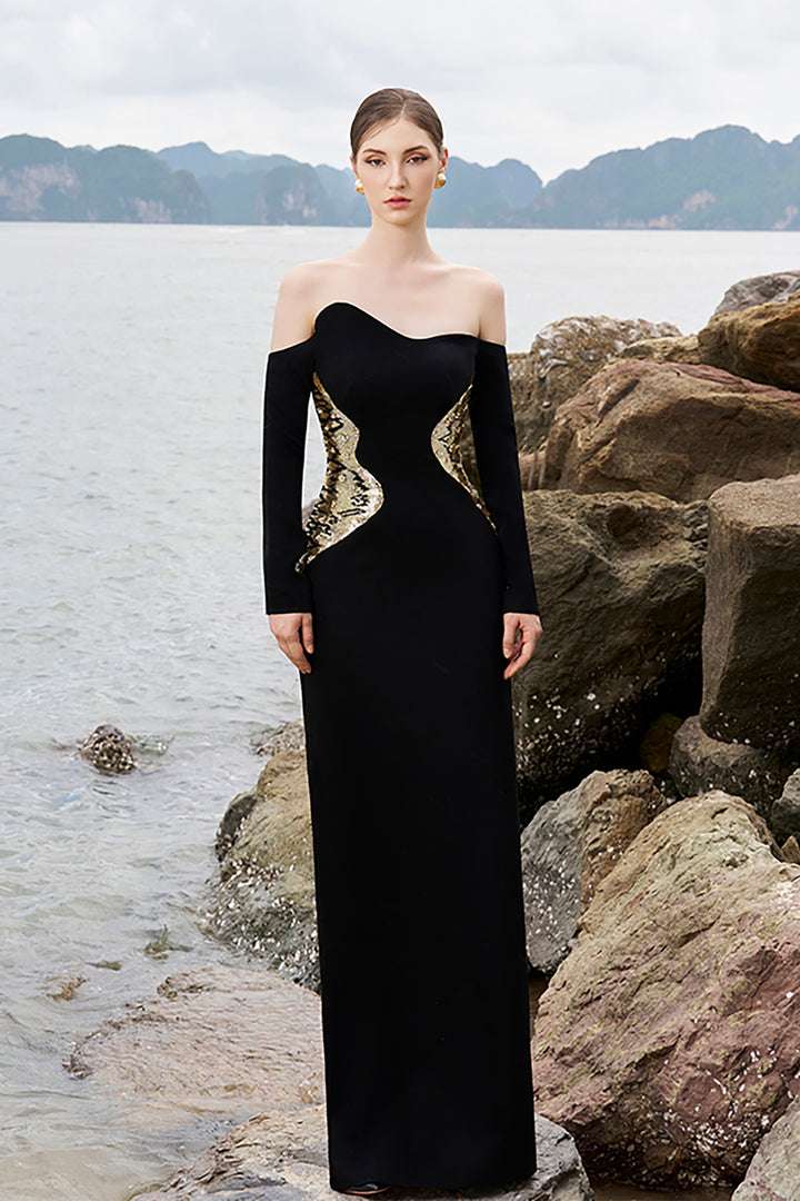 Crepe Off-Shoulder Dress with Crystal Beads