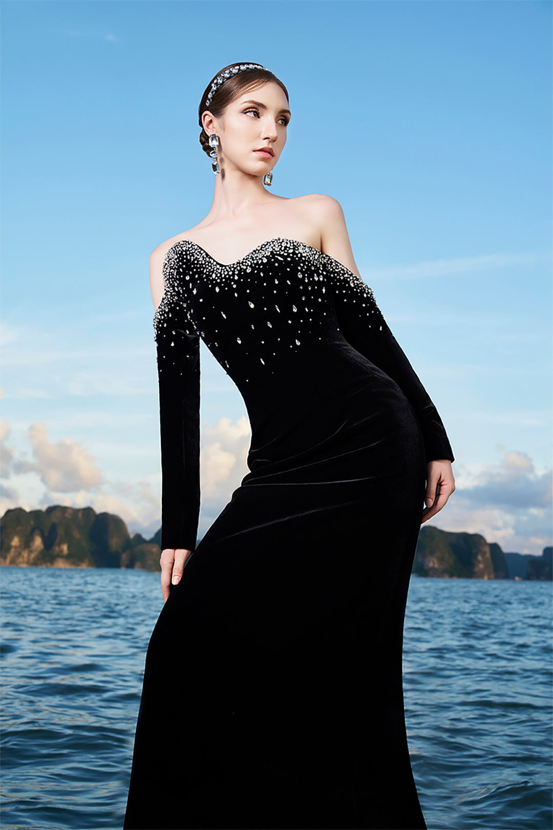 Velvet Off-Shoulder Dress with Crystal Embellishments