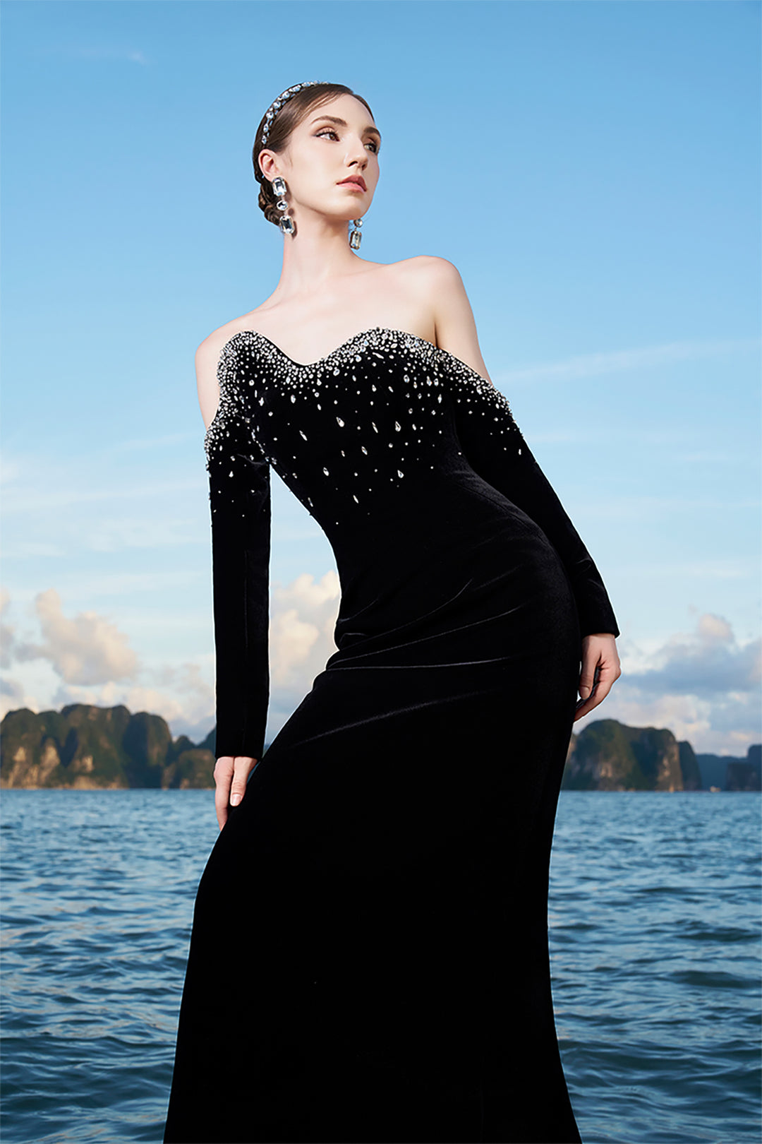 Velvet Off-Shoulder Dress with Crystal Embellishments